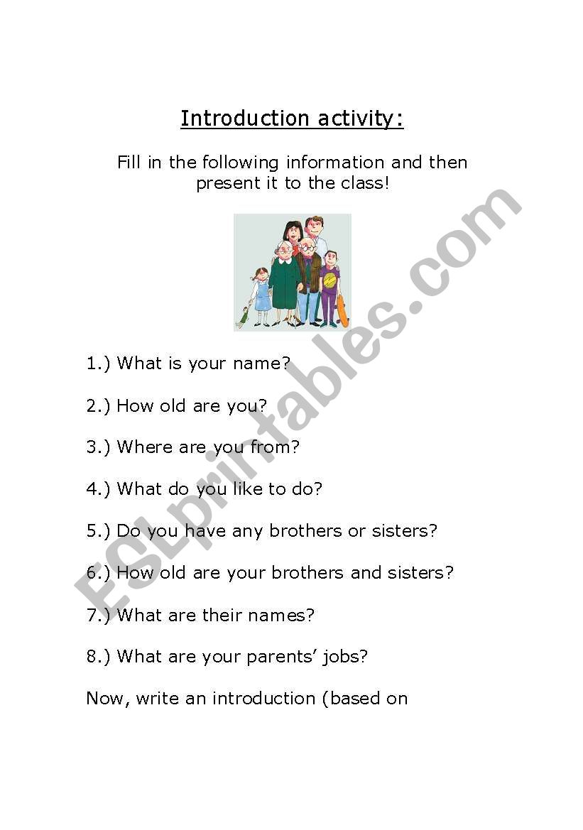 English Worksheets Middle School Introduction Activity