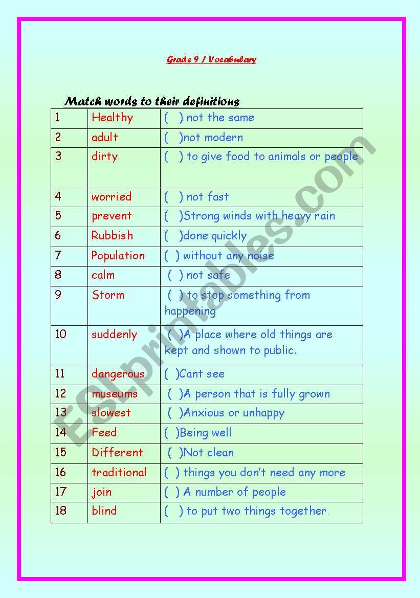 words and their difenitions worksheet