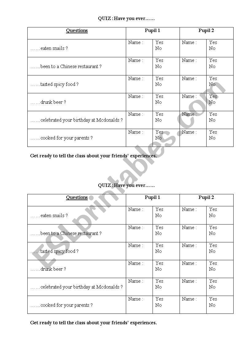 Quiz:Have you ever...? worksheet