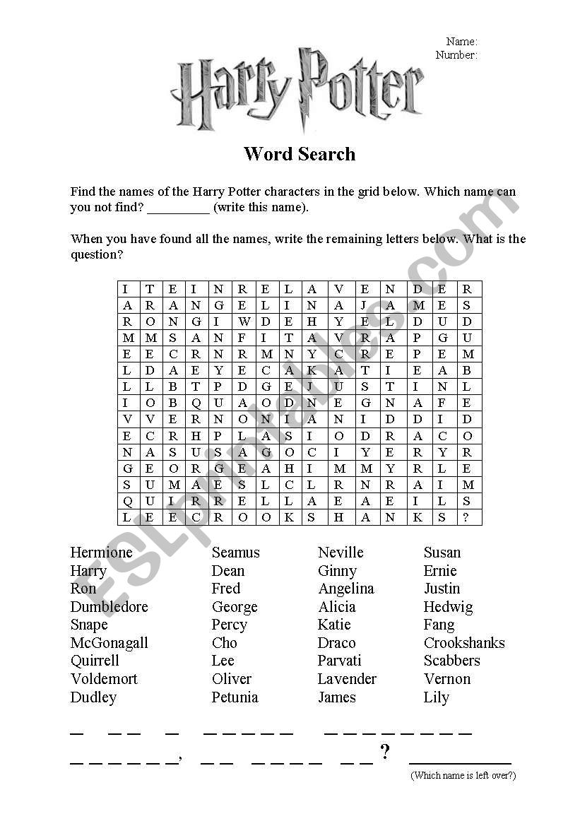 Harry Potter Word Search - ESL worksheet by srhlsprsh