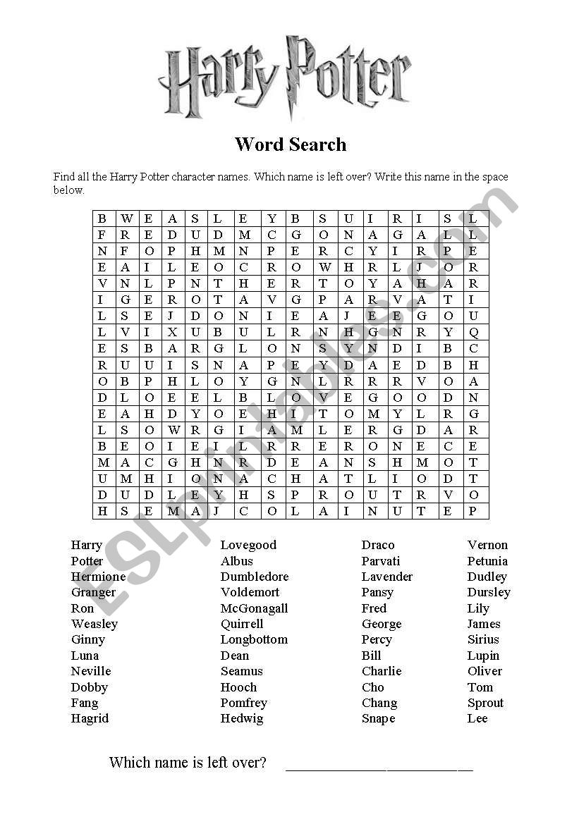 Harry Potter Word Search 2 ESL Worksheet By Srhlsprsh