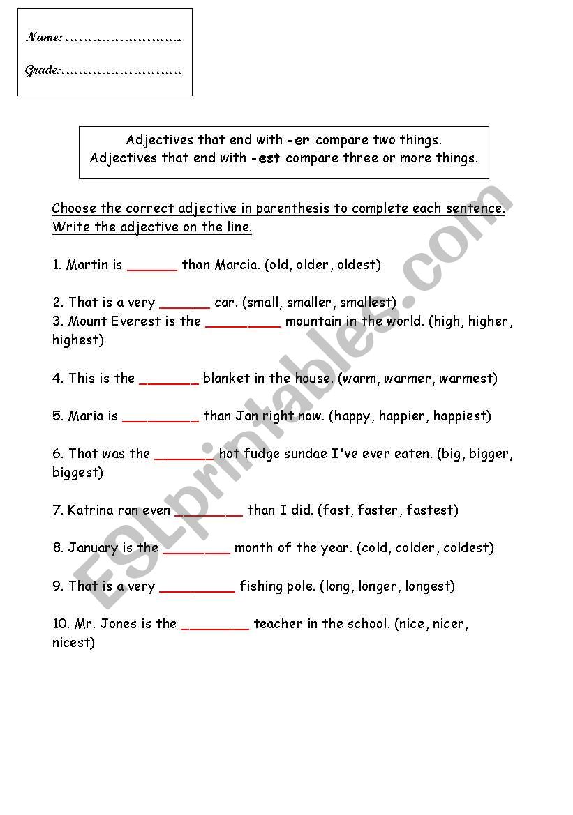 comparison adjectives worksheet