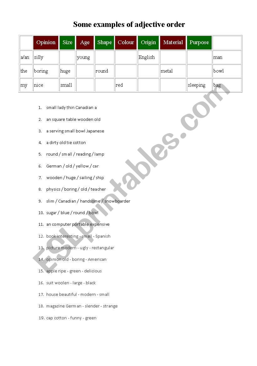 adjective order worksheet