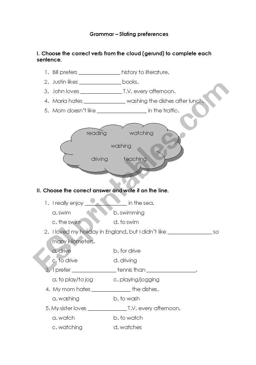 Stating Preferences worksheet