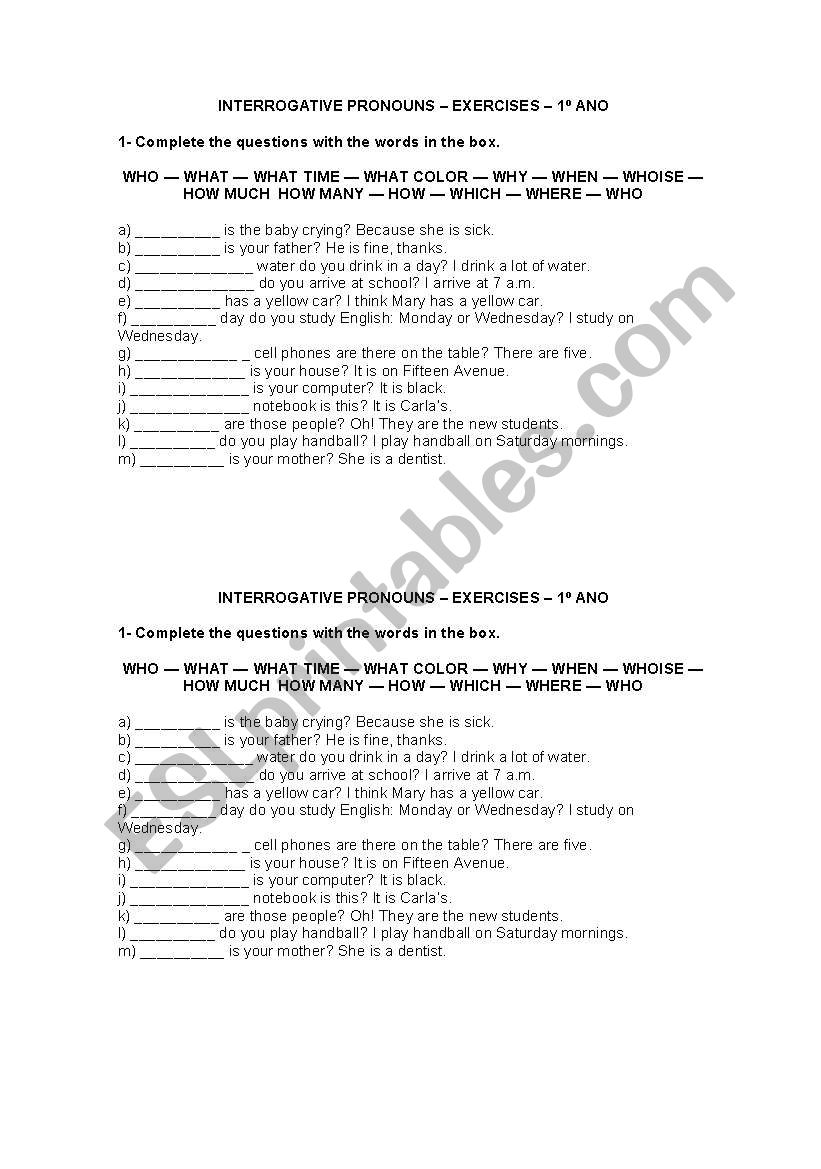 interrogative pronouns worksheet