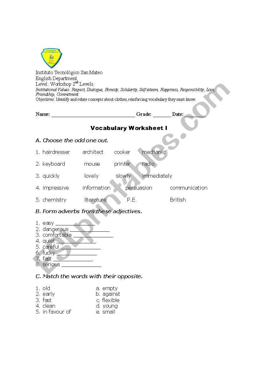 vocabulary 2nd level worksheet