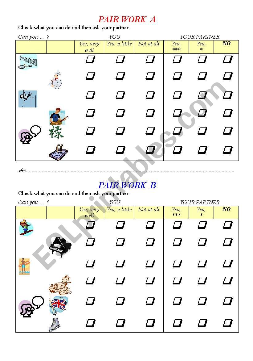 Can you do it ? PAIR WORK worksheet