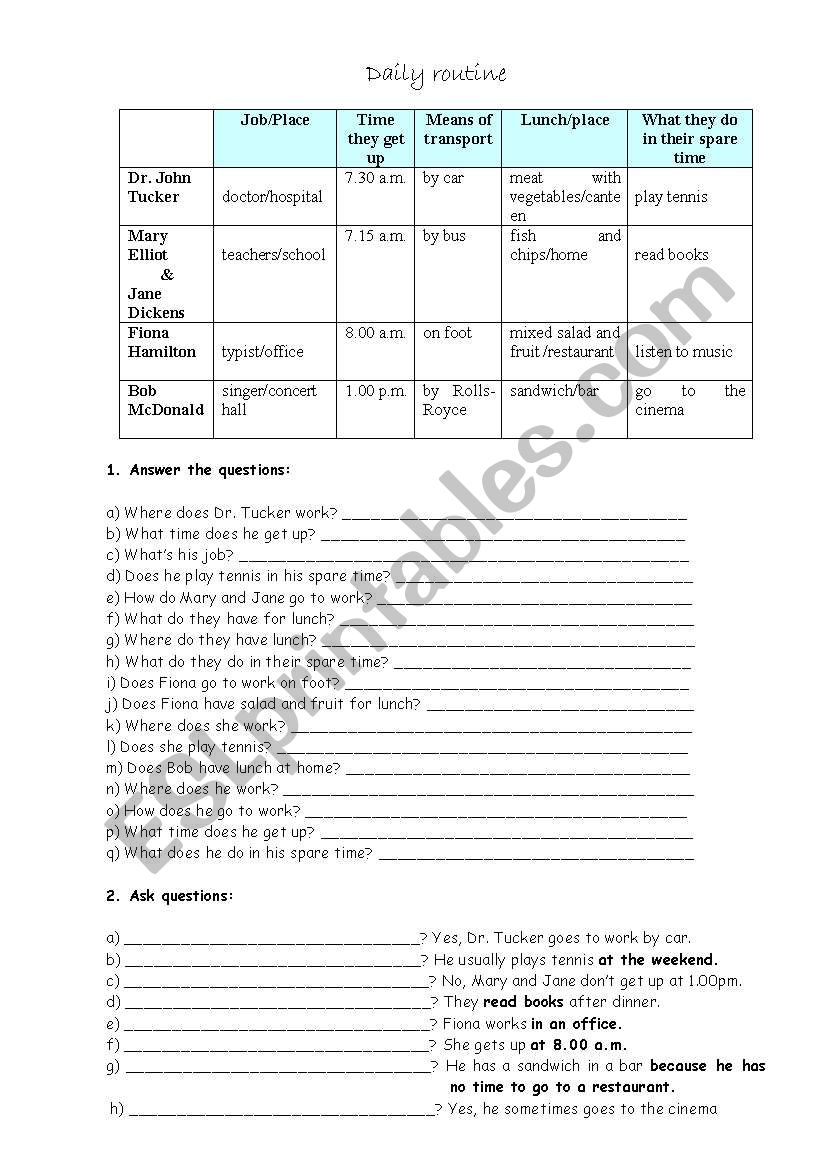 daily routine worksheet