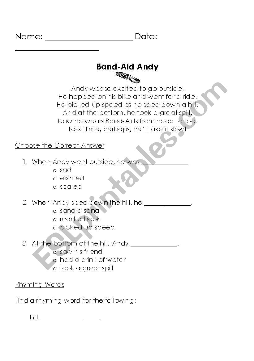 Band Aid Andy worksheet