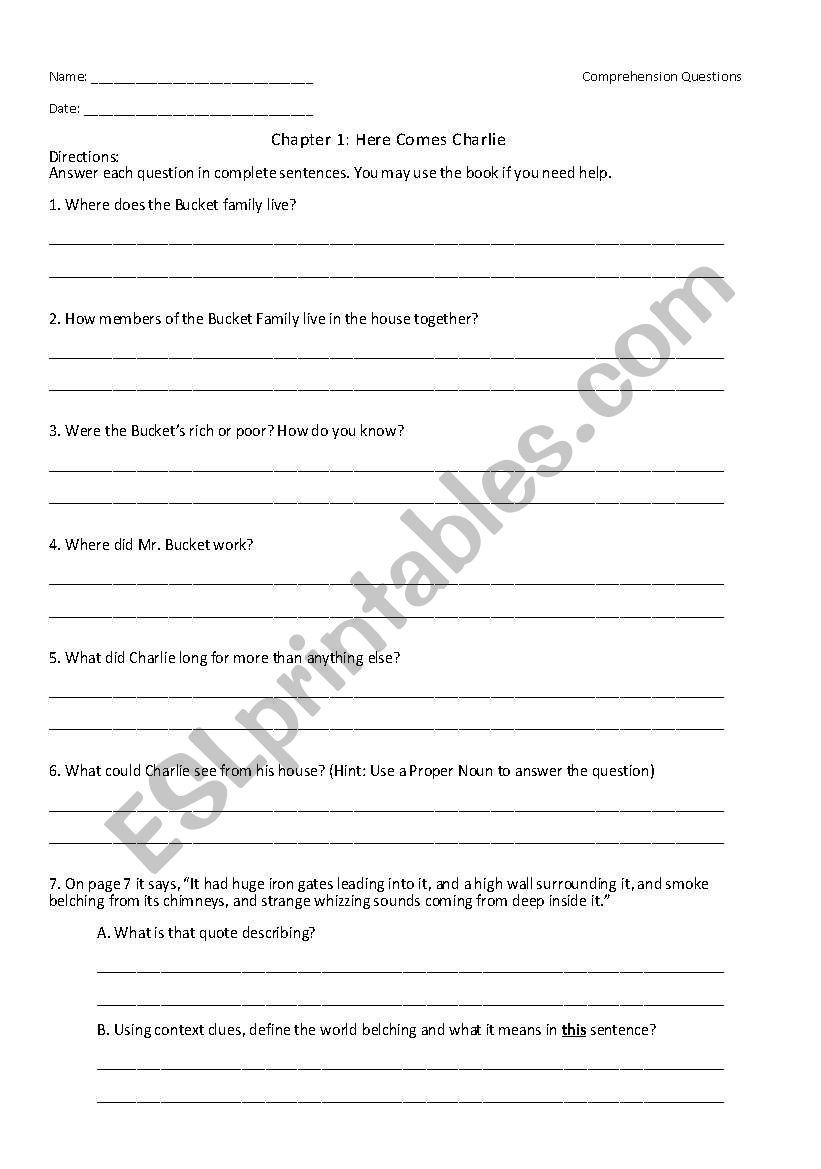 English Worksheets: Charlie And The Chocolate Factory Chapter 1 Review Questions