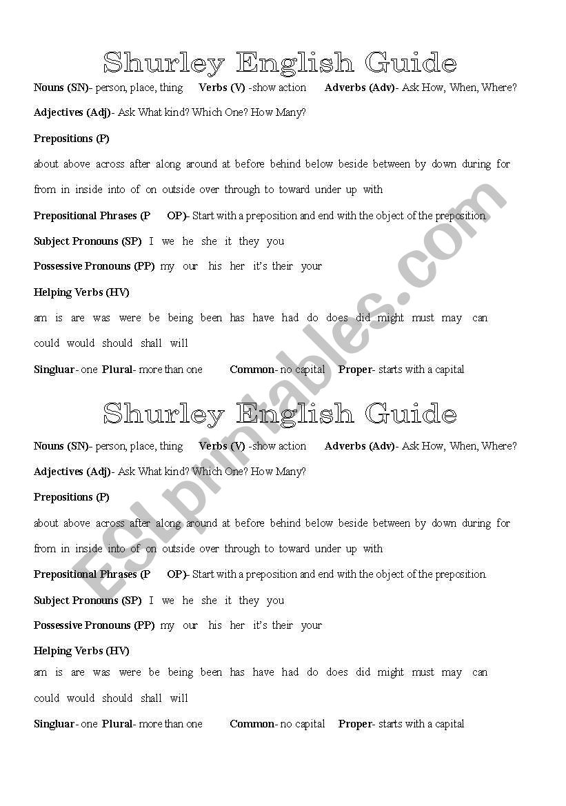 English Guide worksheet