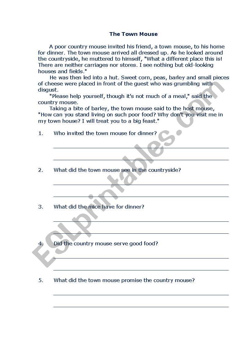 Town Mouse worksheet
