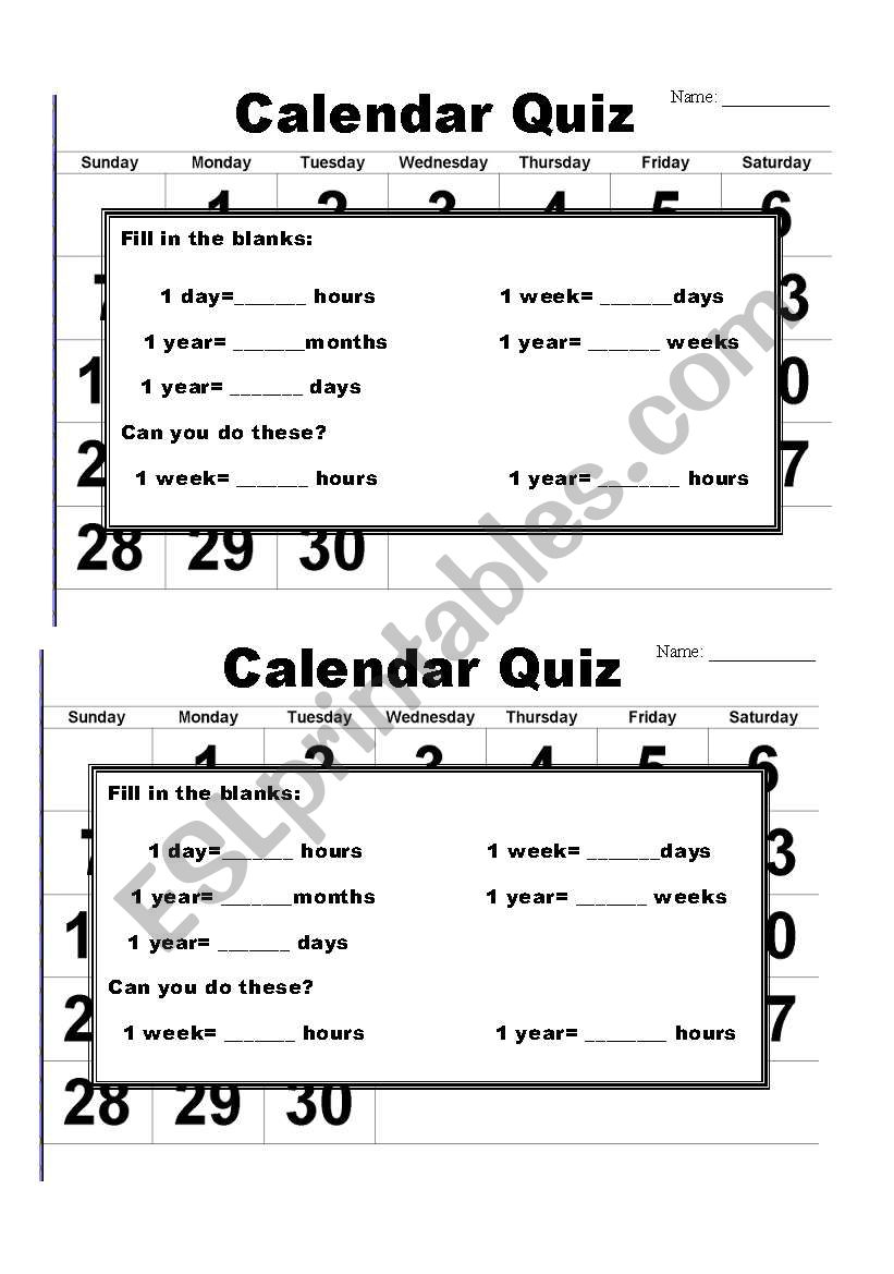 Calendar Quiz worksheet