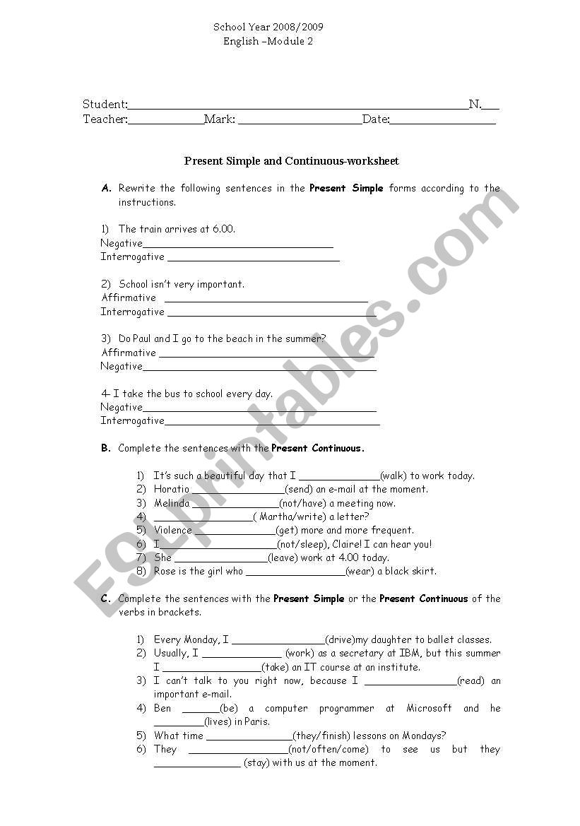 Present Tenses worksheet