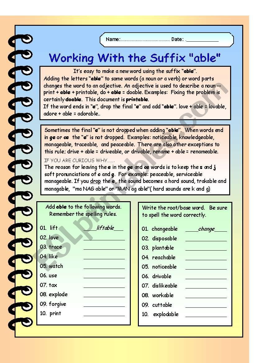 Working with the Suffix “able”. Editable with Answer Key. - ESL
