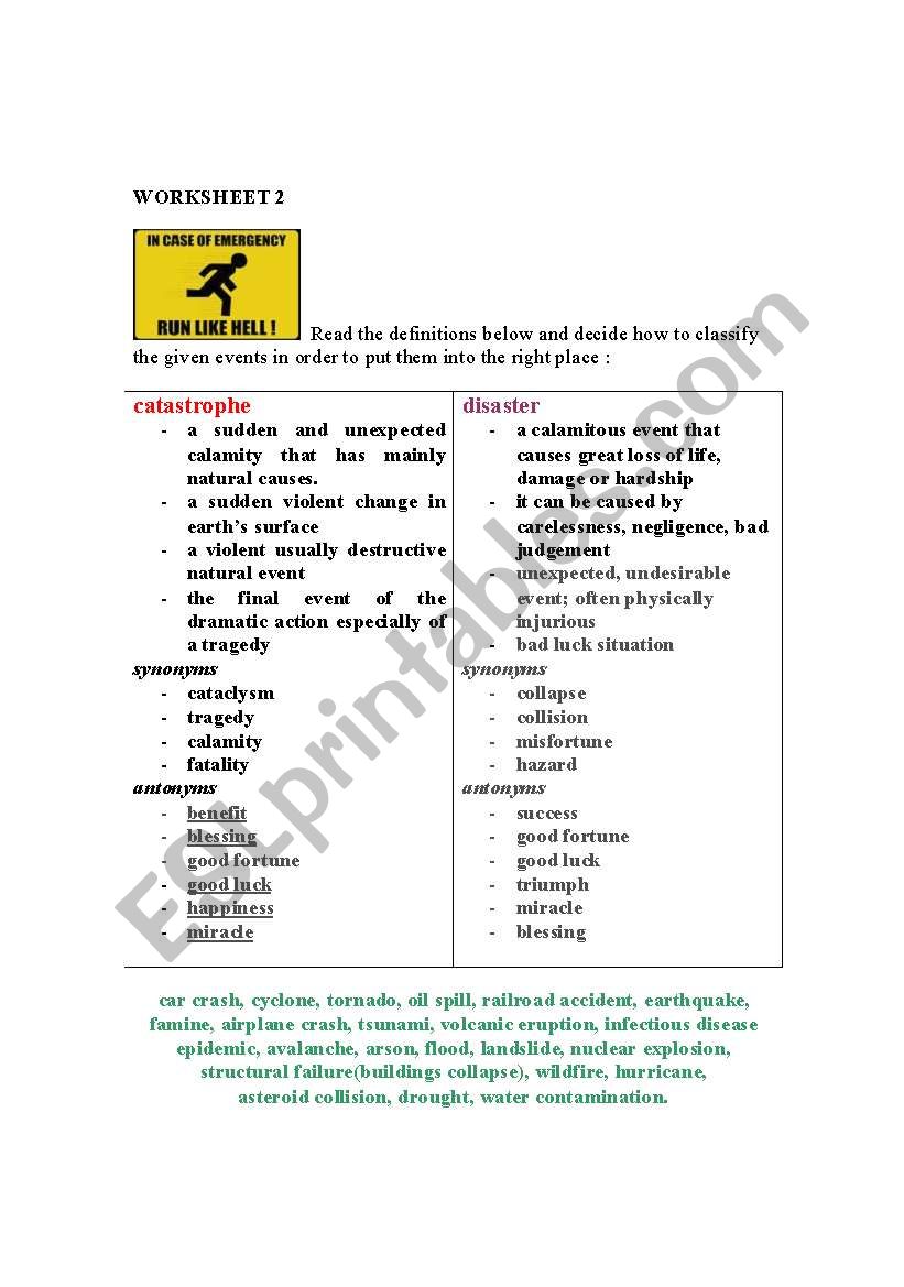 catastrophe vs disaster worksheet