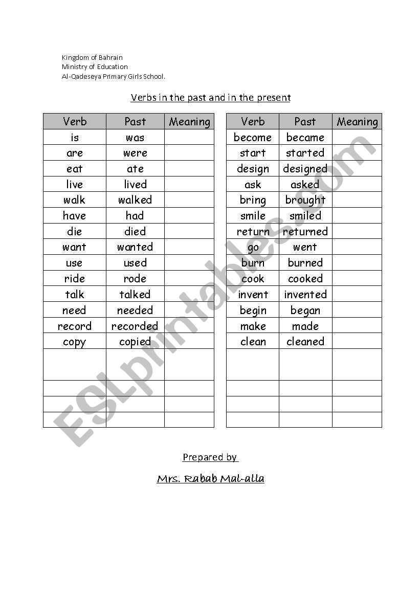 English worksheets: verbs past and presents