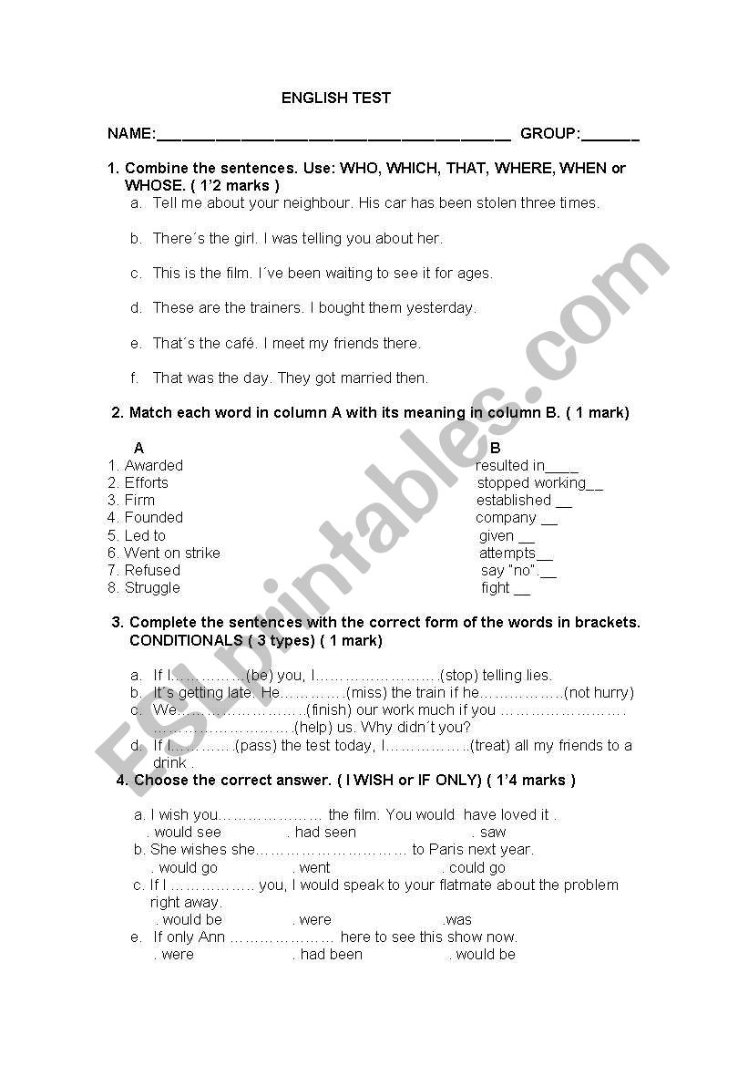 Grammar task on the use of English
