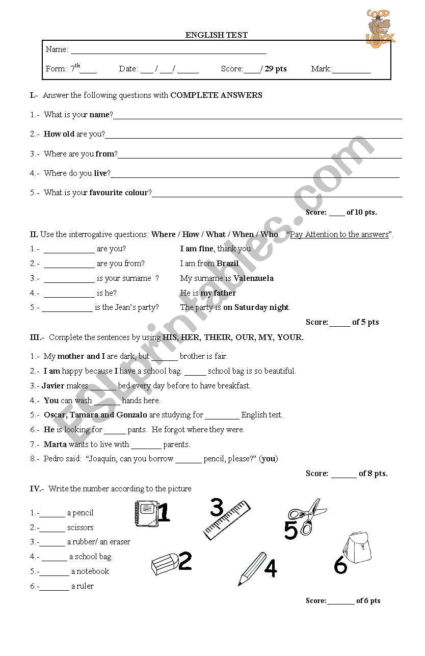 ENGLISH TEST 7º - ESL worksheet by carolapizarroa@gmail.com