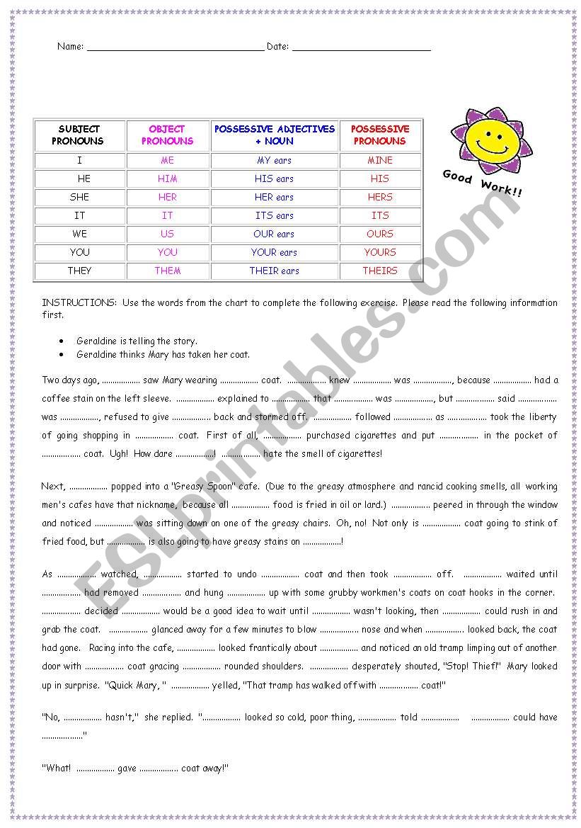 Pronouns and Adjectives worksheet