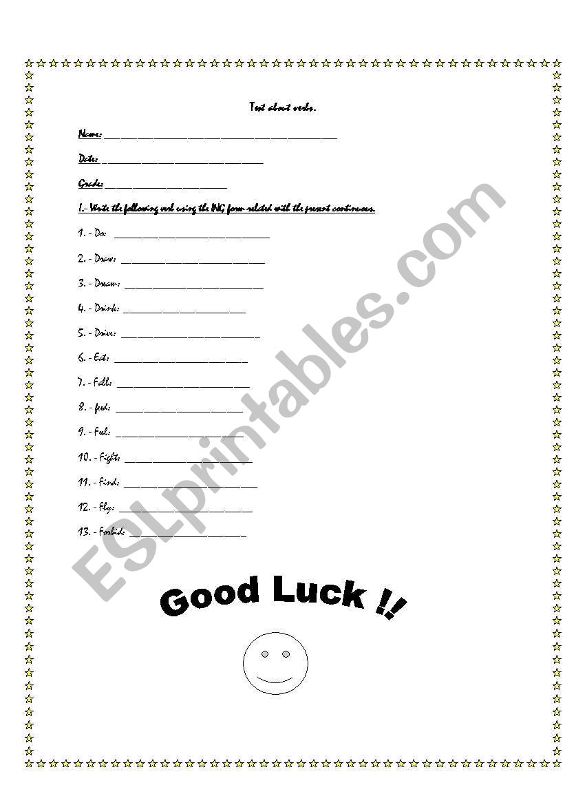 test about verbs worksheet