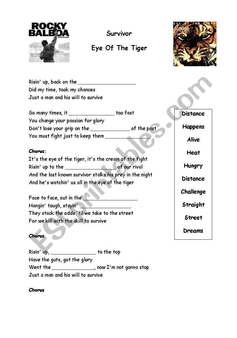 eye of the tiger lyrics esl worksheet by jonnyc81
