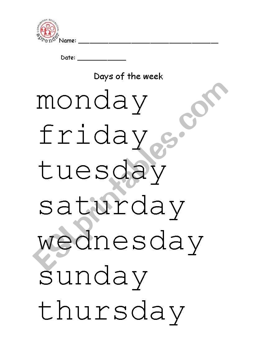 days of the week  worksheet