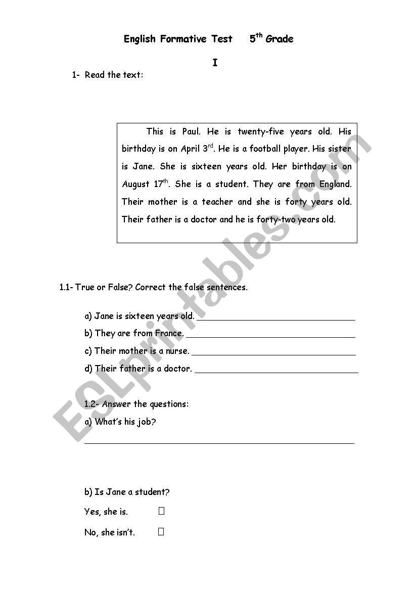 Test 5th grade worksheet