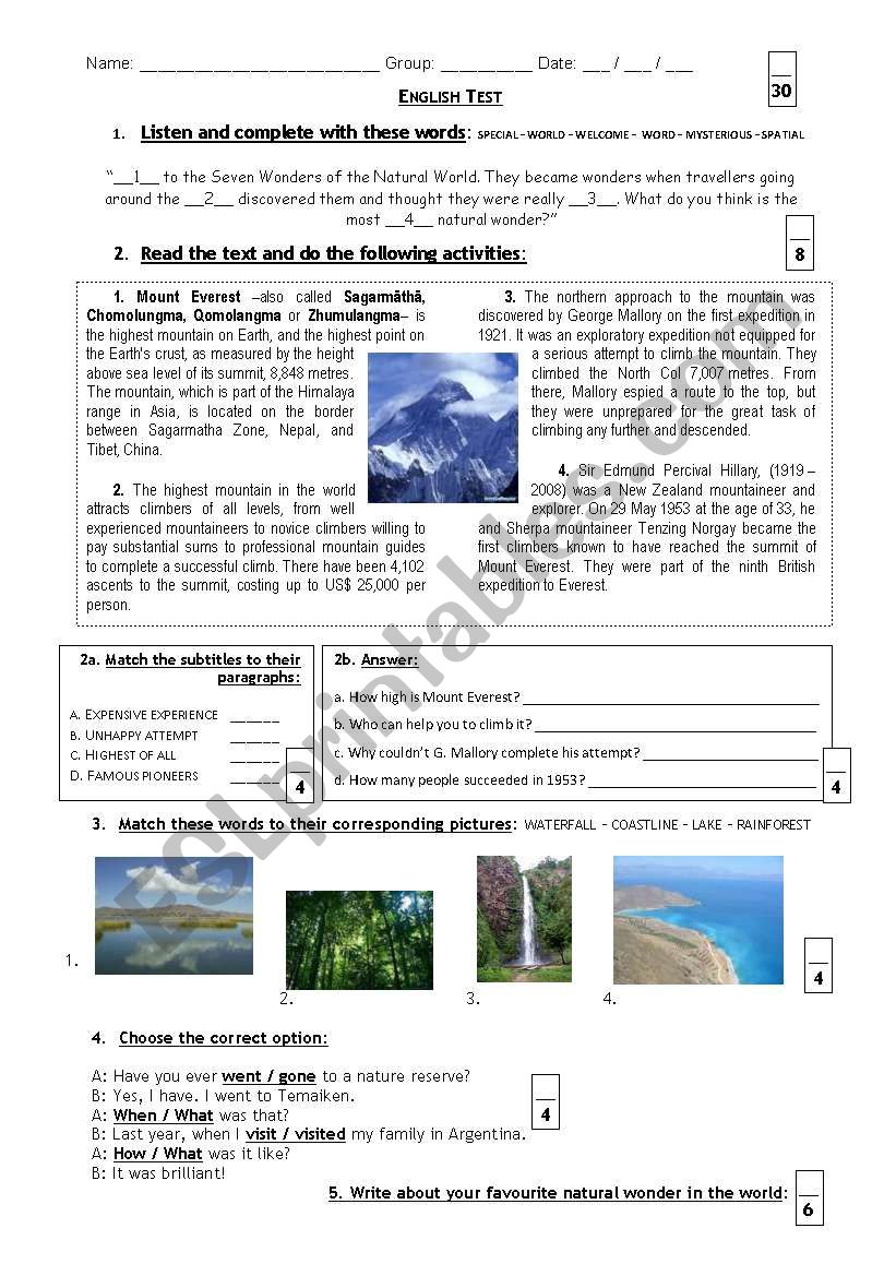 Test (Mount Everest) worksheet