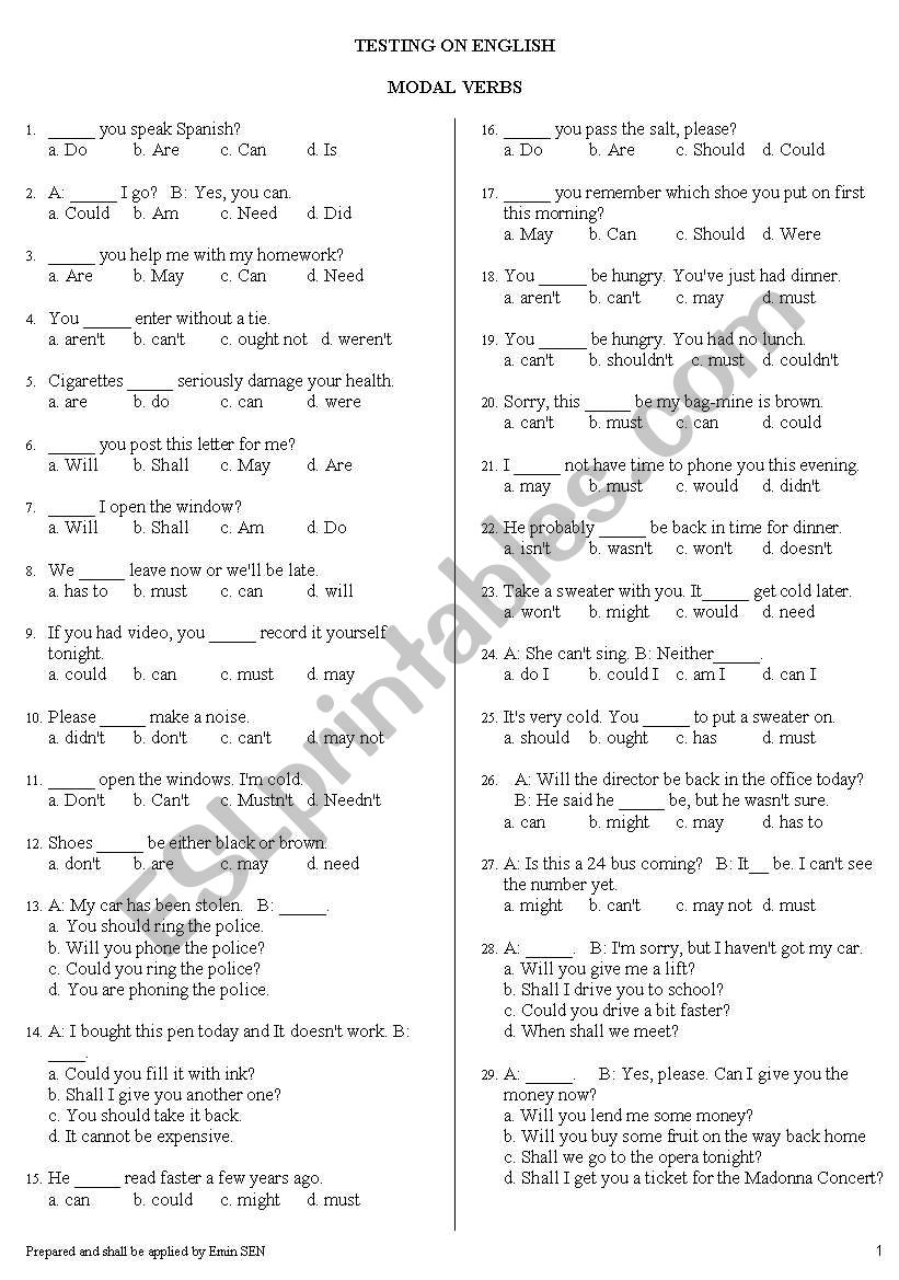 modals worksheet