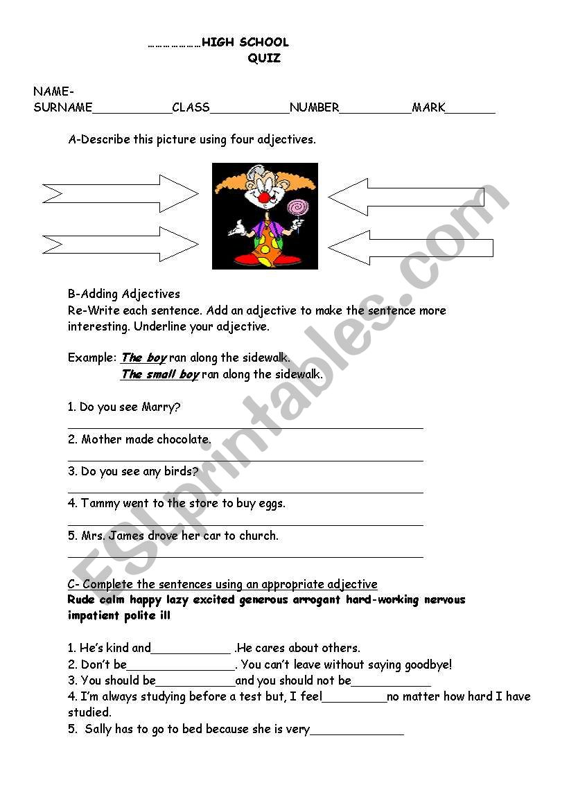 adjectives Quiz worksheet