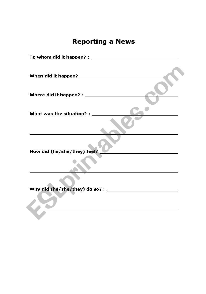 Reporting a News worksheet