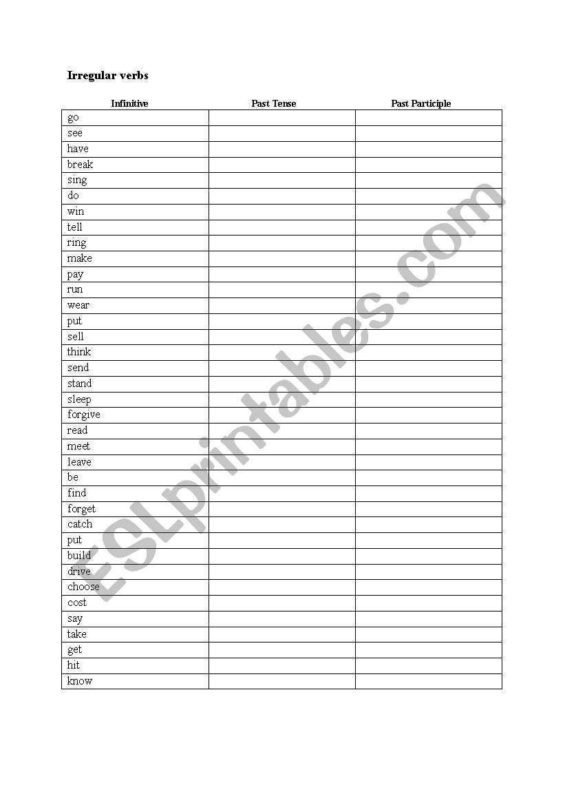 Irregular verbs worksheet