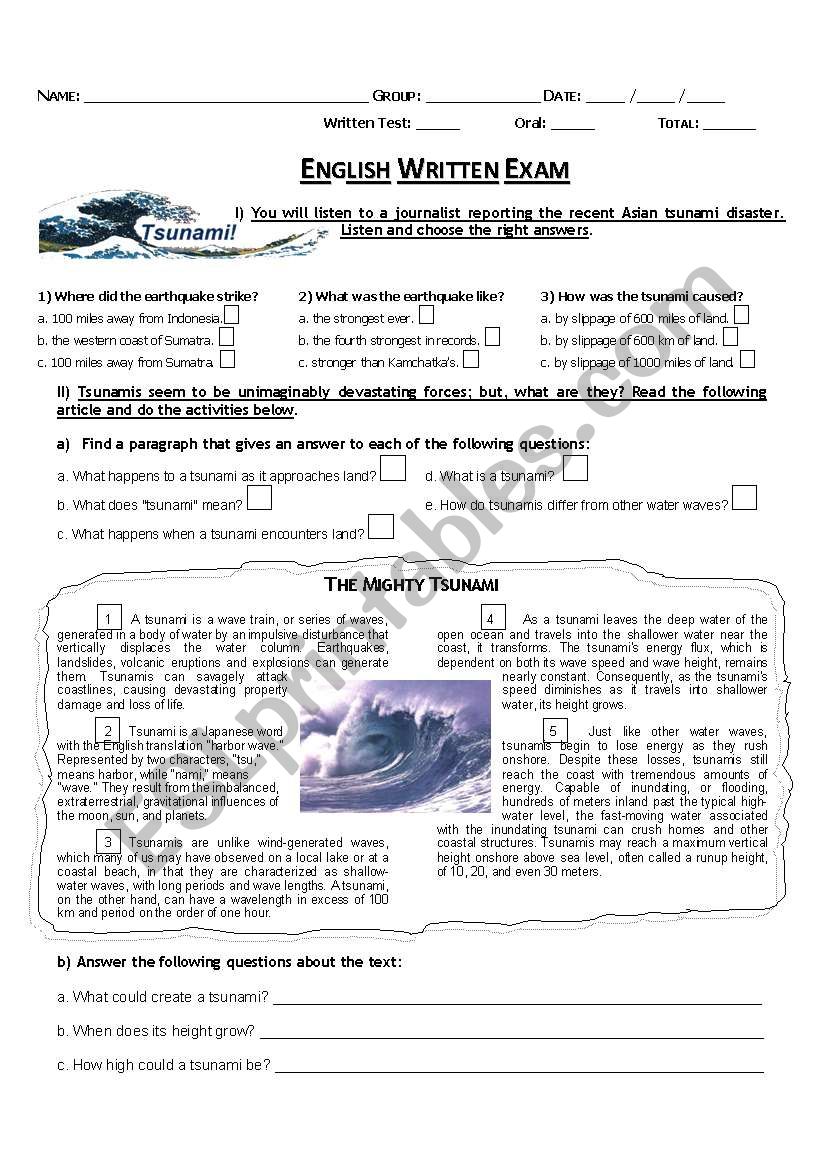 Exam Or Test Tsunami Esl Worksheet By Elmato26