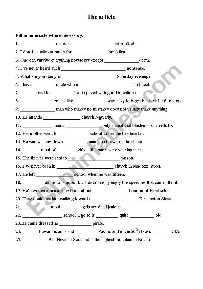 the article worksheet