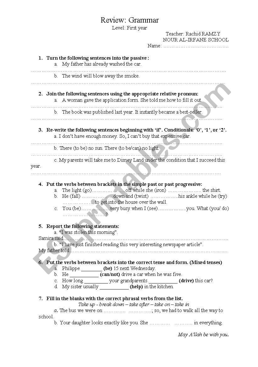 Grammar review worksheet