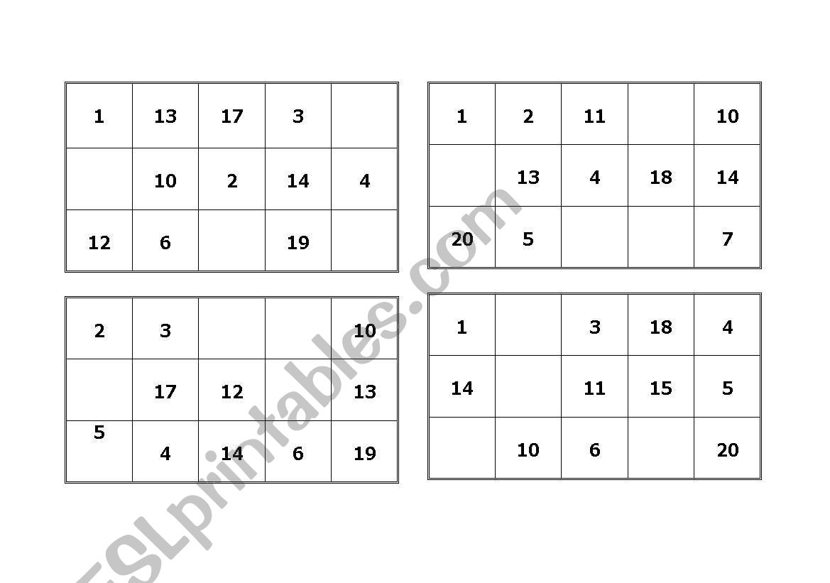 Numbers 1 to 20 BINGO worksheet