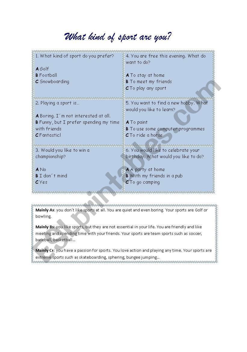 What kind of sport are you? worksheet