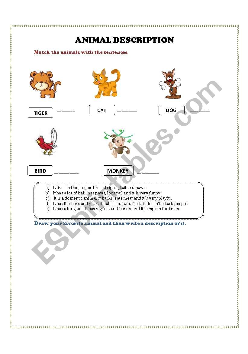 animal description  worksheet