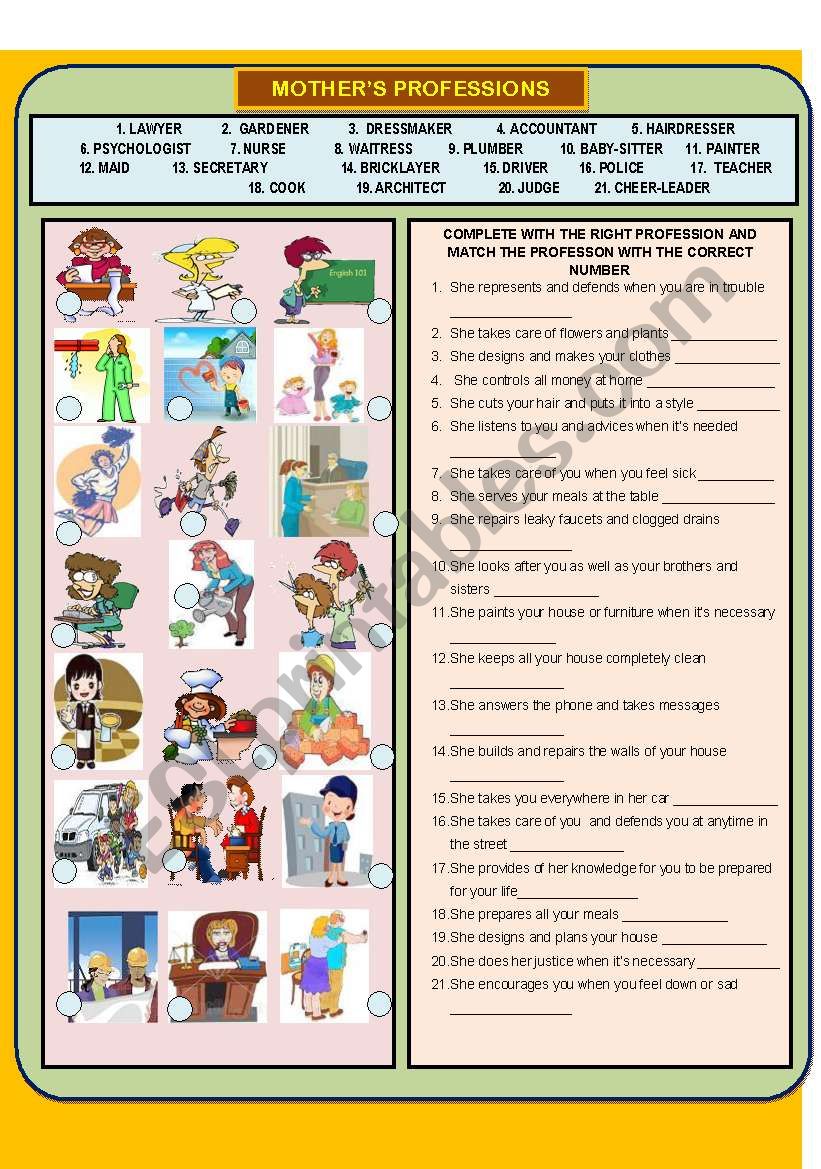 ALL MOTHER´S PROFESSIONS - ESL worksheet by pete