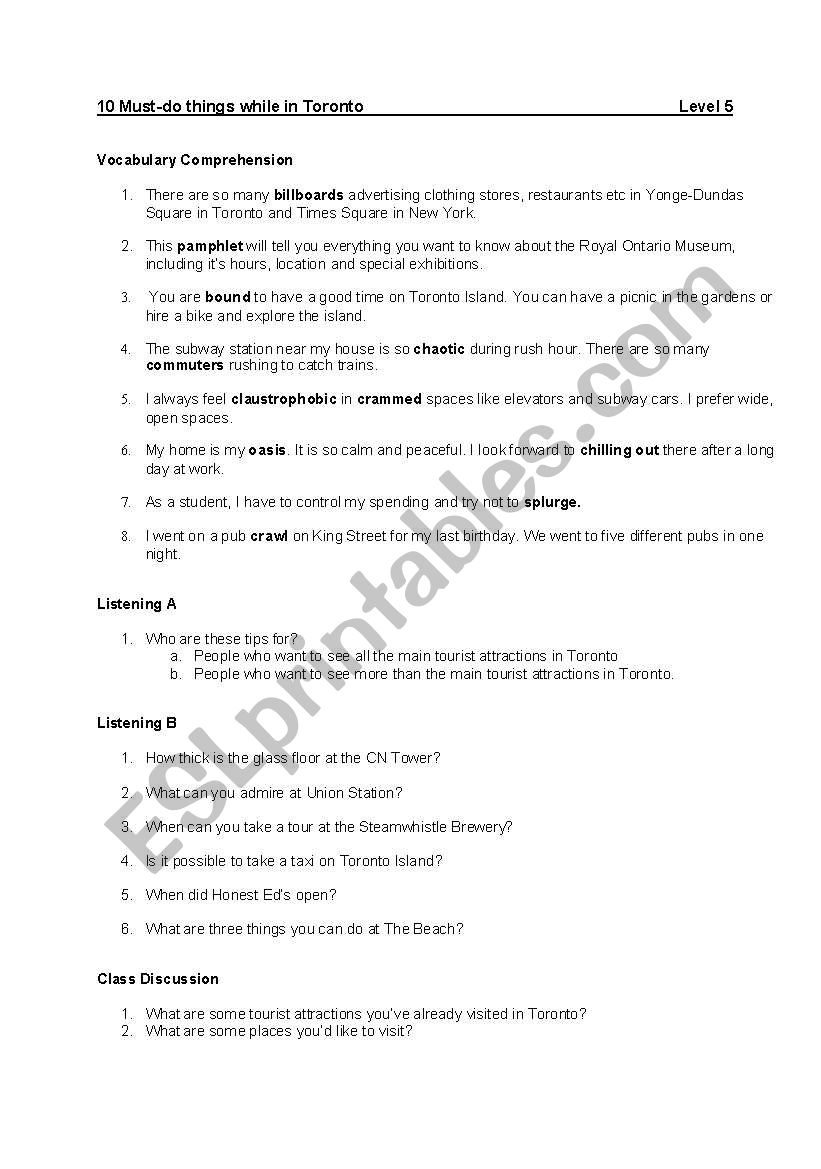 Tourism Toronto worksheet