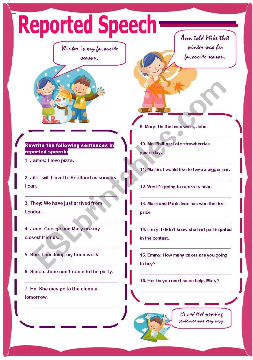 reported speech explanation worksheet