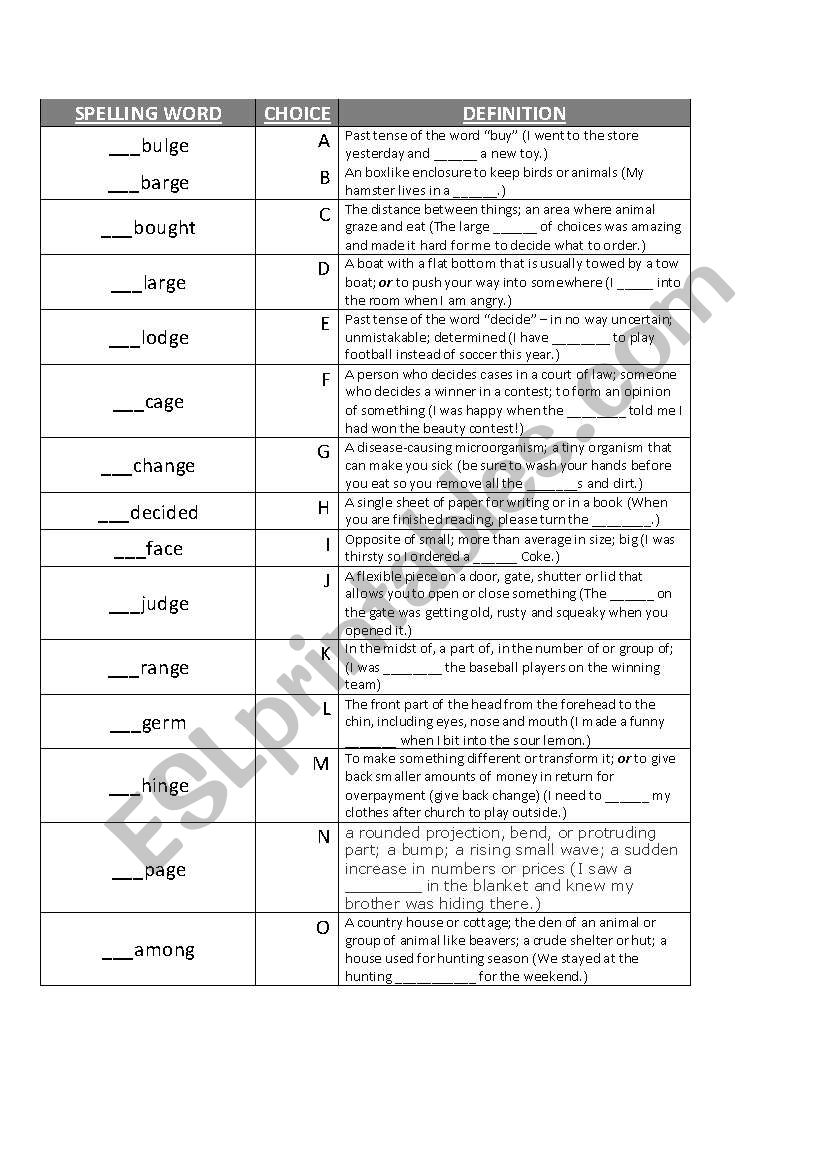 General Vocabulary Matching + answer sheet