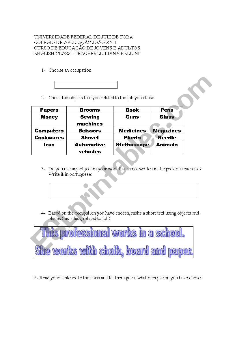 Jobs and objects worksheet