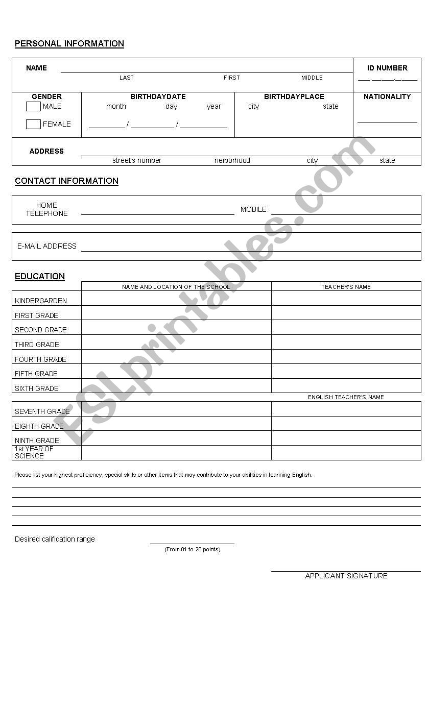 Personal Information worksheet