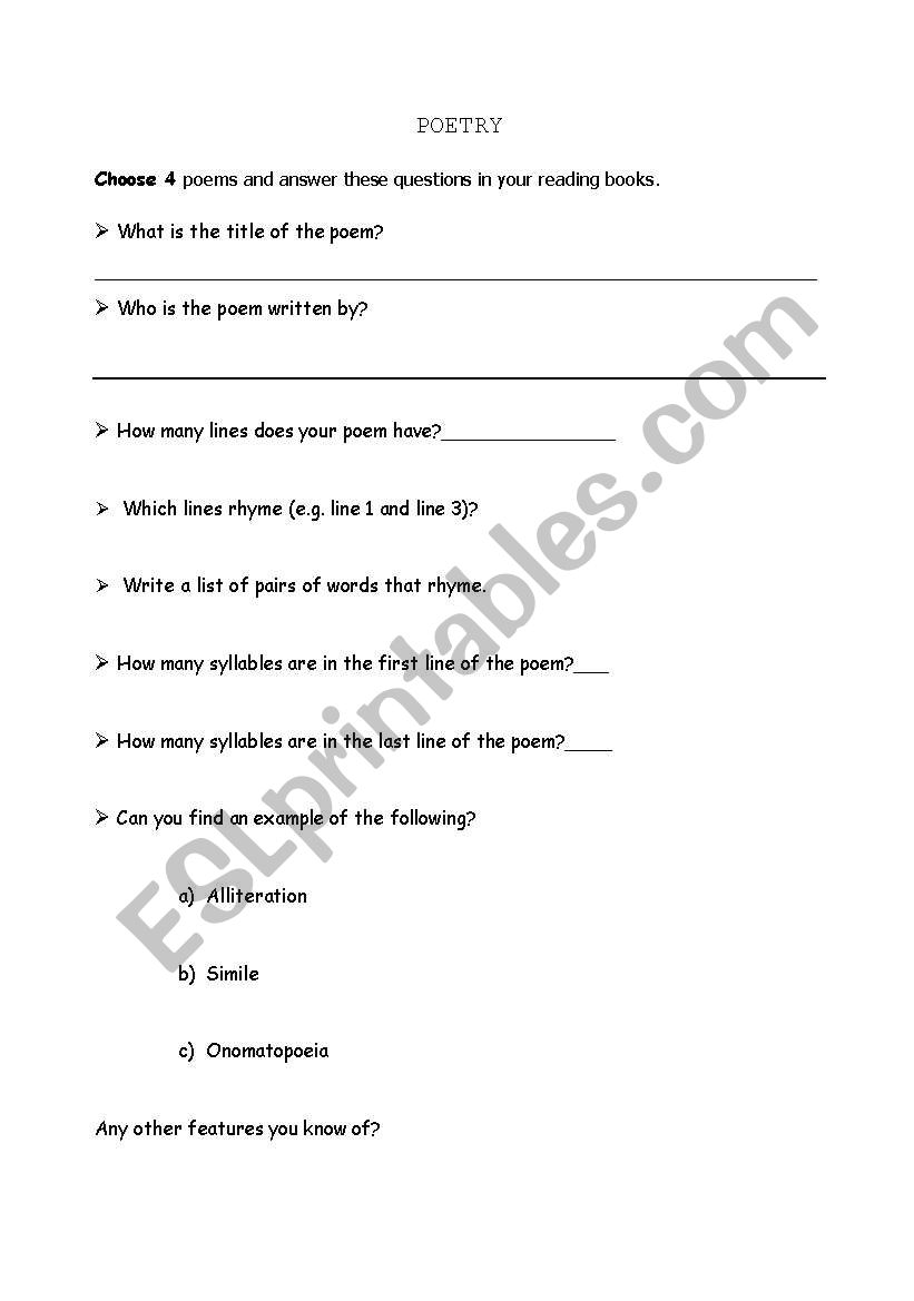 Poetry questions worksheet