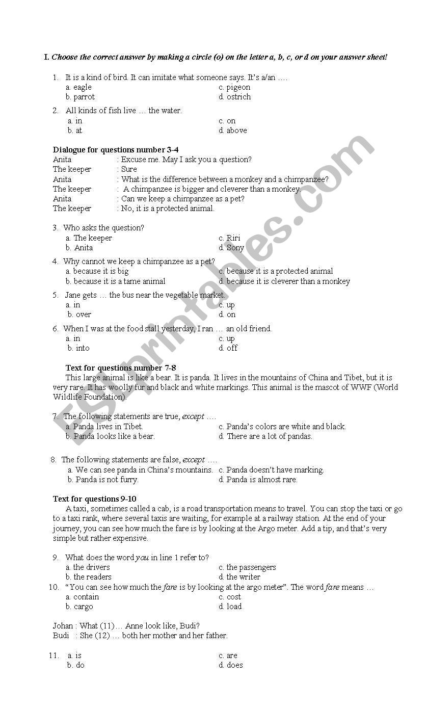 English Multiple Choice Test Upper Elementary Level