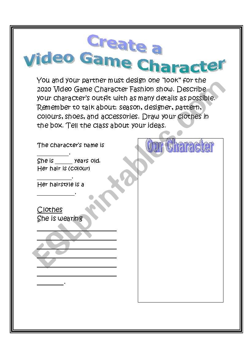 Create a Video Game Character worksheet