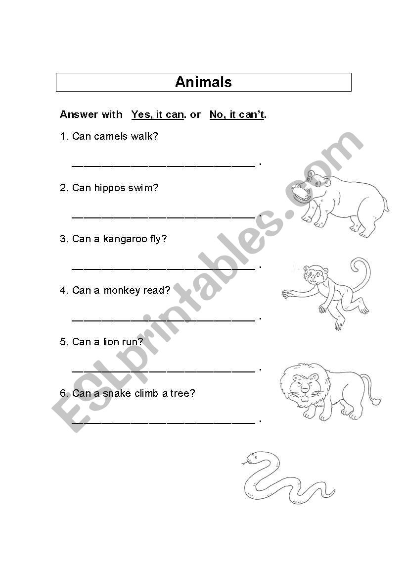 English worksheets: Animals - Abilities (Can/Can´t)