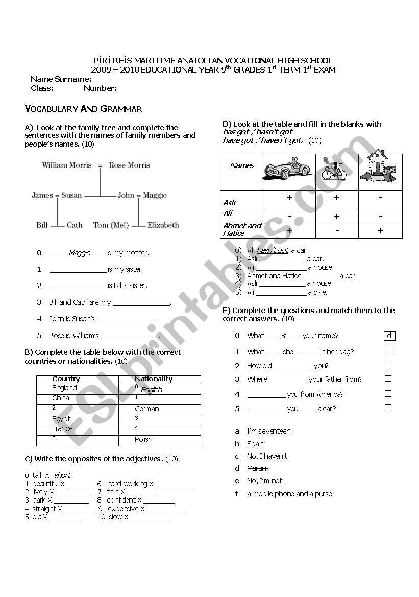 Exam paper for 9th grades worksheet